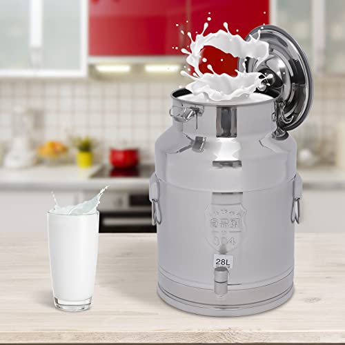 Stainless Steel Milk Can 28L/7.4Gallon Milk Bucket Heavy Duty Milk Jugs with Lid Thickened Edges and Silicone Sealing for Storing Wine Food Oil Water - color: 28L-7.39Gal With Faucet