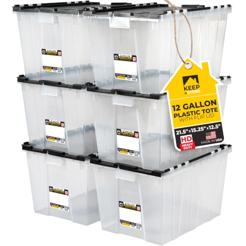 12 Gallon Heavy Duty Plastic Storage Tote with Flip Lid 21.5"×15.25"× 12.5" | Pack of 6 USA Made Reinforced Storage Container - Stackable Design, Wipe-Clean Label - for Home & Garage Organization - style: Heavy Duty