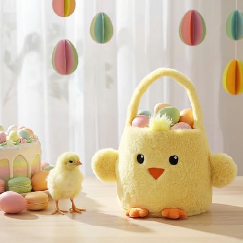 Leinuosen Easter Basket Stuffed Animals Chick Yellow Easter Egg Hunting Baskets Cute Festivals Gift Bags Buckets for Tote Bags for Decorations Candy Gifts Storage - style: Chick