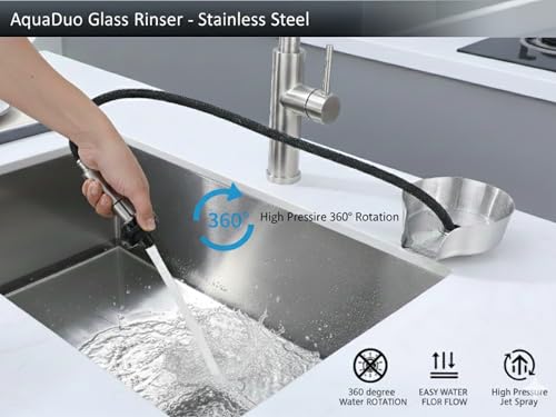 AquaDuo Glass Rinser and Kitchen Sink Sprayer Combo, Stainless Steel Cup Washer, Cup Cleaner, Bottle Washer, Bar Sink Attachment, Pull out Sprayer, Brushed Nickel - color: Brushed Nickel (Stainess Steel)