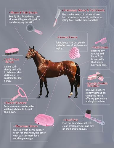 Harrison Howard Complete Horse Grooming Set, 11-Piece Advanced Daily Grooming Tools with Extra Brushes for Full Horse Care Pink Brushstroke Ponies - color: Pink