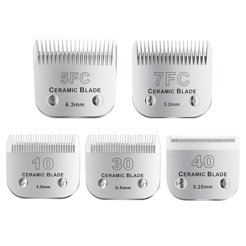 10Blades Dog Grooming Replacement Blades Compatible with Andis Pet Clipper/Oster A5/Wahl KM Series Dog Clipper,Ceramic Blade & Stainless Steel Blade (#10+30+40+5FC+7FC) 5Pack - color: Silvery-12