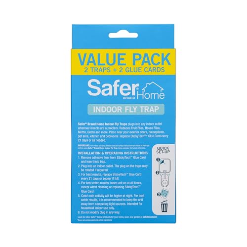 Safer Home Flying Insect Trap, Plug-in Fruit Fly Trap for Indoors, 2-Pack | Flying Insect, Moth, & Gnat Trap, Fruit Fly Killer, Fly Catcher, 24/7 Catch, Chemical-Free, 2 Traps + 2 Glue Cards, SH502-2SR - size: 2 Traps + 2 Glue Cards