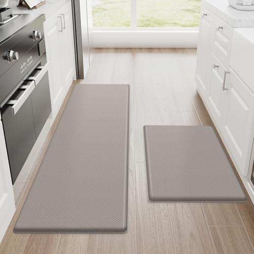 StepRite Kitchen Mats for Floor, 2-Piece Anti-Fatigue Kitchen Rugs, Khaki | 17.3" x 30" + 17.3" x 47", 0.47-inch cushioning, water-resistant, easy to clean, non-slip bottom, kitchen floor,standing desk - color: Khaki, size: 17.3" x 30"+17.3" x 47"-0.47 in