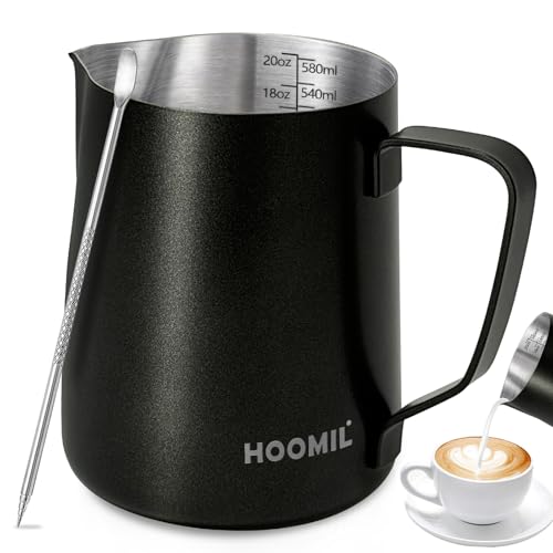 HOOMIL Milk Frothing Pitcher, 12oz/20oz/32oz 304 Stainless Steel | Steaming Pitcher with Clear Scale, Barista Milk Frother Cup Jug for Espresso Machine Coffee Cappuccino Latte Art - 20oz - color: Matte Black, size: 20 Ounces