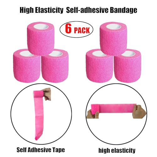 2 Inches Self Adhesive Bandage Wrap Bulk, 6 Pack, Pink | Breathable Self Adhesive Vet Tape for Pets, Stretchy Sports Cohesive Bandage Wrap for Athletic, Wrist and Ankle - color: Pink