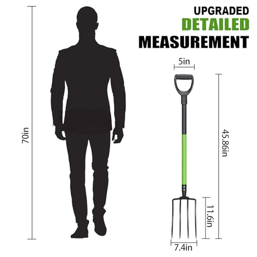 GARDENWORK Garden Fork,45-Inches Pitch Fork with Enhanced&Steel D-Handle | Heavy Duty Gardening Spading Fork with Ergonomic Fiberglass Handle and Metal Tine,45 Inch Spading Fork for Compost, Mulch