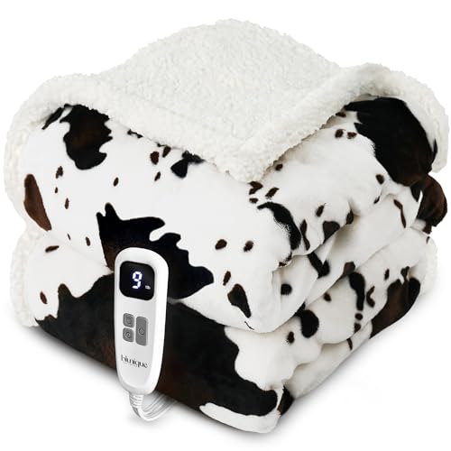 Heated Blanket Twin Blanket - Fast Heating Electric Blanket, Soft Heated Throw with 4 Time Settings,10 Heating Settings, Warm Gifts for Women Mom Grandma(62" x 84" Cow Print White) - color: 01 - Black Ombre-white, size: Twin 62" x 84"