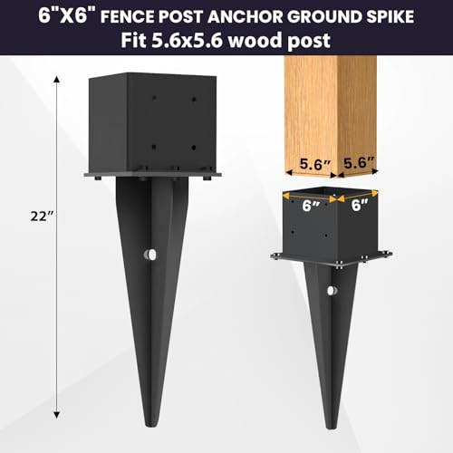 2 Pcs 22" Fence Post Anchor Ground Spike|Black Powder-Coated|6"x6" | Actual 5.6"x5.6" Heavy Duty Metal Fence Post Anchor for Deck| Fence| Porch| Railing| Mailbox - size: 2 Pcs, style: 6"x 6"