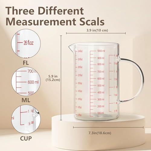 WhiteRhino Glass Measuring Cup,34oz/4Cup/1000ml Liquid Measuring Cups, Measuring Cup With Handle and V-Shaped Spout, Glass Beaker with Three Scales (OZ, Cup, ML), Dishwasher/Freezer/Microwave Safe - color: 4 Cup / 1000ml / 34oz - Glass