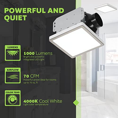 Homewerks 7105-10 Bathroom Fan Integrated LED Light Ceiling Mount Exhaust Ventilation Ultra Quiet 1.0 Sones 70 CFM, Decorative Brushed Nickel Magnetic Trim - color: 70 CFM Brushed Nickel