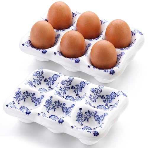 2 Pcs Ceramic Egg Tray 6 Cups Chinoiserie Eggs Holder Blue and White Porcelain Kitchen Counter Table Fridge Storage Accessory Blue Floral Spring Decoration for Housewarming Gift