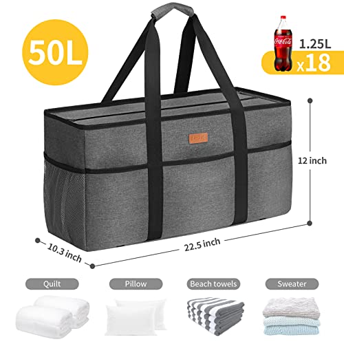 LHZK Stand Up Extra Large Utility Tote Bag with Lid, Utility Tote Bag with Metal Wire Frame and the Sides Rinforced, Reusable Grocery Bags Foldable, Beach Bag, Car Tote (Gray) - color: Gray, size: 22.5''x10.3''x12''-1 Pack