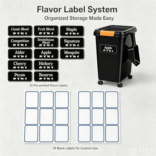 3 Sets 22lb Dog Food Storage Container with Airtight Lid,Scoops,Wheels and Labels,Dry Pellet Storage Bin Kit with Flavor Stickers Airtight for Grill Pellets