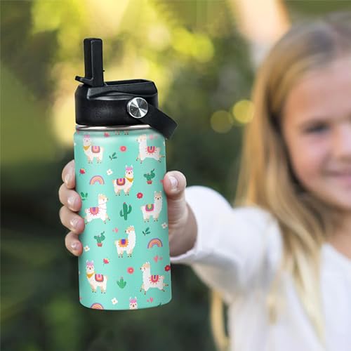 SANDJEST Kids Water Bottle Alpaca Llama Water Bottles 12oz with Straw Insulated Stainless Steel Travel School Tumbler Double Wall Vacuum Cup for Girls Kid - color: Llama
