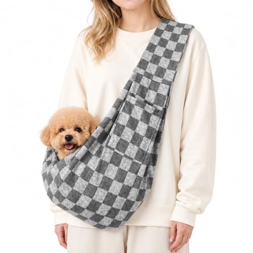Dog Sling Carrier for Small Dogs and Cats 5–16 lbs, Puppy Carrier Sling with Safety Hook and Storage Pocket, Hands Free Pet Carrier Purse for Travel, Walking, Shopping (Grey Check) - color: Grey Check