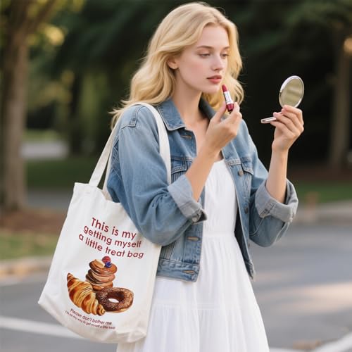 Aesthetic Canvas Tote Bag for Women - with Magnetic Snap Closure & Zipper Inner Pocket Reusable Totes Bag - color: Treatfood1