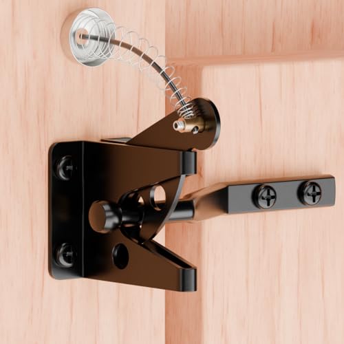 Self-Locking Gate Latch with Spring, Heavy Duty Automatic Fence Latch | Spring-Loaded Self-Locking; Thick Steel, Black Coated; for Wood Fence, Garden, Pool, Barn Gates; Works with Padlocks - size: With Spring-loaded pull cord