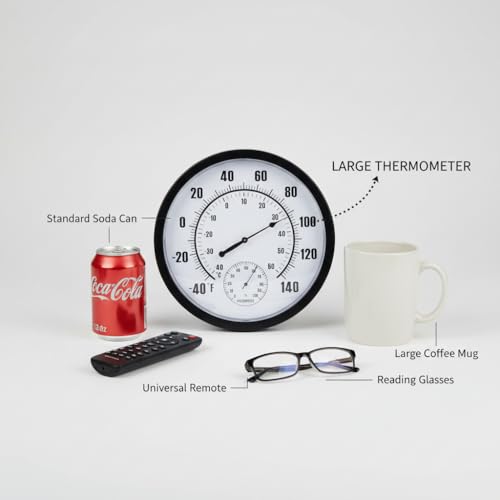 10 Inch Large Indoor Outdoor Thermometer & Hygrometer - Waterproof Analog Wall Thermometer for Patio, Garden, Garage, Greenhouse - Decorative Dial, No Battery Needed, Black