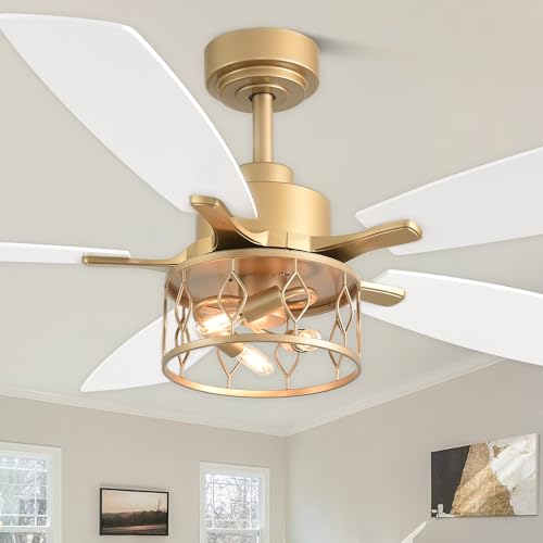 52 Inch White and Gold Ceiling Fan with Lights Modern Fandelier | Industrial Caged Fandalier, Farmhouse Rustic Chandelier Light for Living Room Bedroom, Reversible 6 Speeds, Remote Control - color: Gold, size: 52 Inch