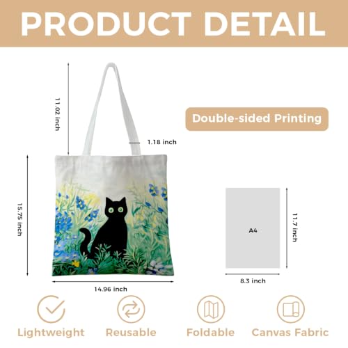 Cute Canvas Tote Bag for Women, Book Totebag with Zipper Pocket - color: Blact Cat Art