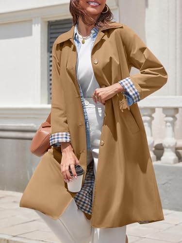 Tankaneo Womens Long Oversized Single Breasted Windproof Trench Coat | Plaid Lining, Lightweight, Trendy，Button down, Fall fashion,Outerwear - color: Camel, size: Small