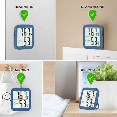 Antonki 2 Pack Room Thermometer Indoor Hygrometer | Monitor Temperature & Humidity, Accurate, Fast Read, Easy To View, Magnetic/Kickstand/Hanging, ℉/℃, w/ Battery, Compact - color: 2 Pcs* Navy Blue