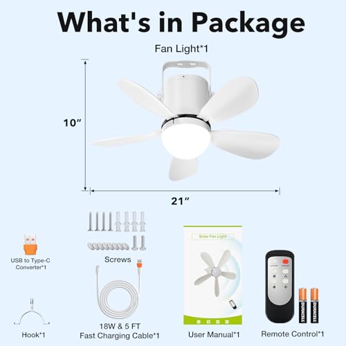 21” Ceiling Fan Light, Battery Operated Gazebo Fan Light with Remote, Portable Rechargeable Ceiling Camping Fan Light for Outside, for Tent Canopy Porch Patio Greenhouse Camping RVs Pergola - size: 21" Ceiling Fan