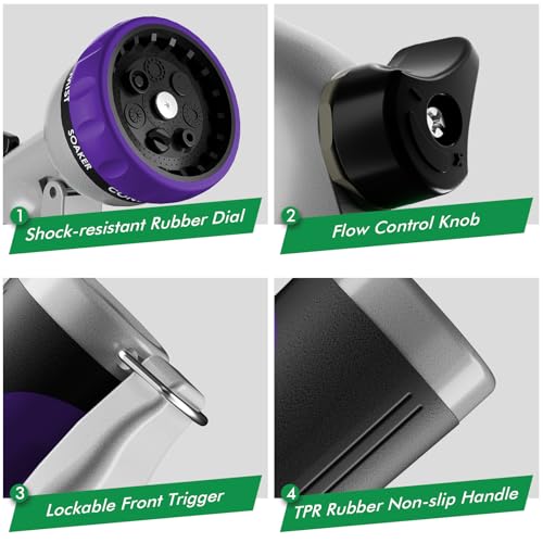 RESTMO Garden Hose Nozzle, Heavy Duty Metal Water Hose Nozzle with 7 Adjustable Spray Patterns, High Pressure Hand Sprayer with Flow Control, Best for Watering Plant & Lawn, Washing Car & Pet, Purple - color: Purple
