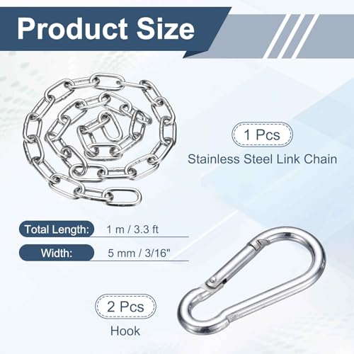 304 Stainless Steel Link Chain with 2 Hook (3/16" x 3.3 ft / 1 m x 5 Mm) - Utility Hanging Coil Chain Link Locking Pulling for Outdoor Fence Pet Dog - size: 3/16" x 3.3 ft(1 m x 5 Mm)