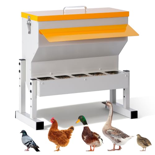 No Waste Automatic Chicken Feeder, 16L Metal Chicken Feeder | Duck Feeder for Outdoor, Large Poultry Feeder with Adjustable Stand & 5 Feeding Ports