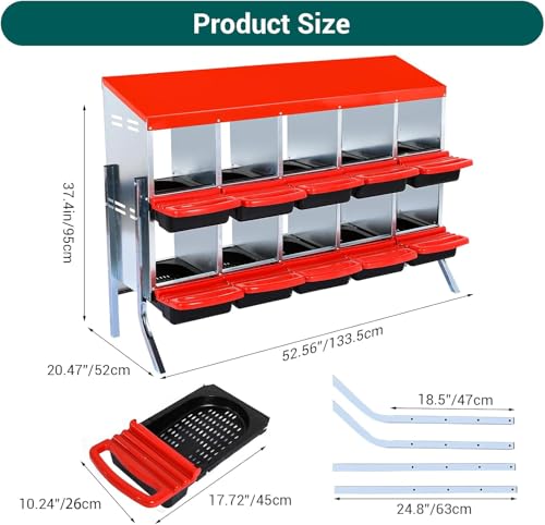 Chicken Nesting Box, 10 Compartments Roll Away Eggs Laying Boxes, Cleanable Pull Out Hen Roosting Boxes with Mental Leg, Durable & Easy to Install, Red - color: Red, size: 10 holes with legs