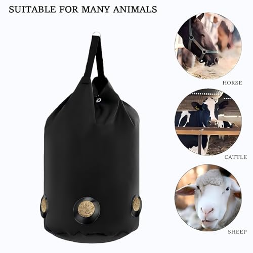 2 Pack Goat Hay Feeder, Slow Feed Hay Bag for Horses, Sheep, Donkey, Cows, Alpacas and Ostriches, Premium Oxford Waterproof Fabric, Circle Leather Reinforced 5 Open Feeding Hole for Resist Biting