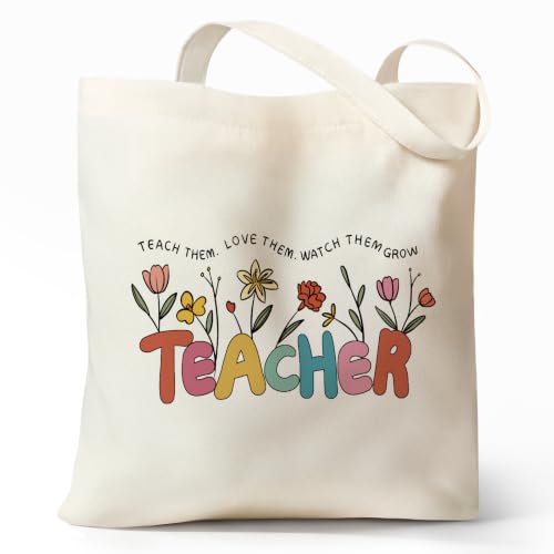 Cute Canvas Tote Bag for Women, Book Totebag with Zipper Pocket - color: Teacher Floral