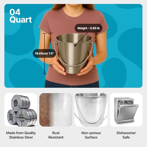 1 Gallon Stainless Steel Bucket - Durable Metal Bucket 4 Quart | Rust-resistant Bucket For Food Prep Cleaning Feeding & Watering Pets & Livestock - For Crates Kennel Cages & Fences - size: 4 Quarts