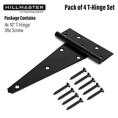 HILLMASTER 10 Inch T-Strap Heavy Duty Shed Door Hinges Gate Strap Hinges Black Tee Hinge Wrought Hardware for Wooden Fences,Yard,Barn Door,Rustproof (4 Pack) - size: 10in 4Pack