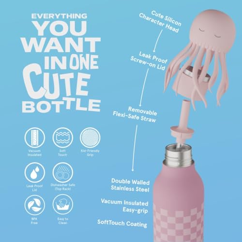 asobu Bestie Water Bottle, Cute Collectible Character, Leak Proof, BPA Free | 16 oz, Stays Cold 24 Hours, Double Wall Vacuum Insulation, Food Grade Stainless Steel, Spill Resistant, Great Gift Idea - color: JellyFish