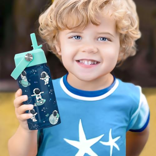 SANDJEST Astronaut Water Bottle - Kids Water Bottle with Straw Lid - 12 Oz Insulated Stainless Steel Water Bottles for Kid Boys - Travel Cup for School Sports - color: Astronaut