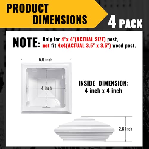 VIVIDA 4" x 4" Vinyl Fence Post Caps, White New England PVC Post Cap, 4 PCS | Actual 4" x 4", New England Plastic Post Cap, PVC Square Top Cover, For Vinyl Fences, Mailboxes & Decks - color: White-4 Pack, size: Actual 4" x 4"