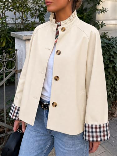 Cicy Bell Womens Ruffle Short Trench Coat Single Breasted Cropped Jackets | Stand Collar, Fall Jackets, Outerwear Coats, Button Down, Plaid Cuffs - color: Apricot, size: XX-Large