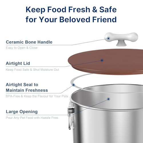 Paw Libero 2PK 25 Lbs Stainless Steel Dog Food Storage Container with Airtight Lid & Ceramic Bone Handle, Large Metal Dog Food Bin for Dogs & Cats, Keep Fresh, Easy to Clean - size: 25 lbs - 2pk