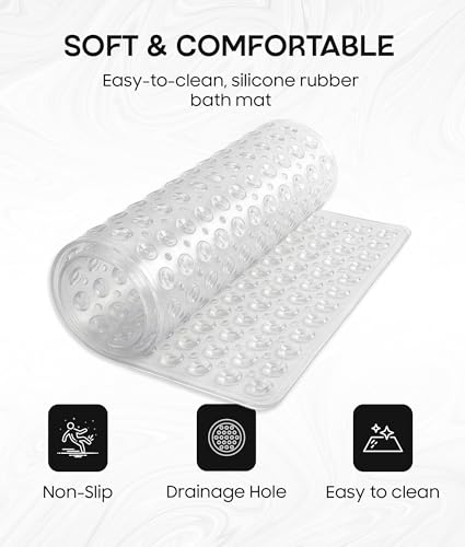 ADOV Square Shower Mat Non Slip, 21 x 21 in Bathtub Mat with 164 Strong Suction Cups, Drain Holes, Machine Washable, Soft Anti-Slip Bathroom Mat for Inside Shower, Tub and Shower Stall - Clear - color: White