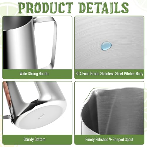 67 oz 304 Stainless Steel Pitcher with Lid | 2000 ml Large Metal Measuring Cup with Handle Dual Scale Markings Milk Frothing Jug for Iced Tea Hot Water Espresso Machines