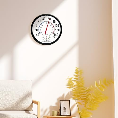 Circrane 13.25 Inch Round Thermometer with Hygrometer, Large Indoor Wall Patio Bimetal Weather Thermometer, No Battery Required, Black - color: Black