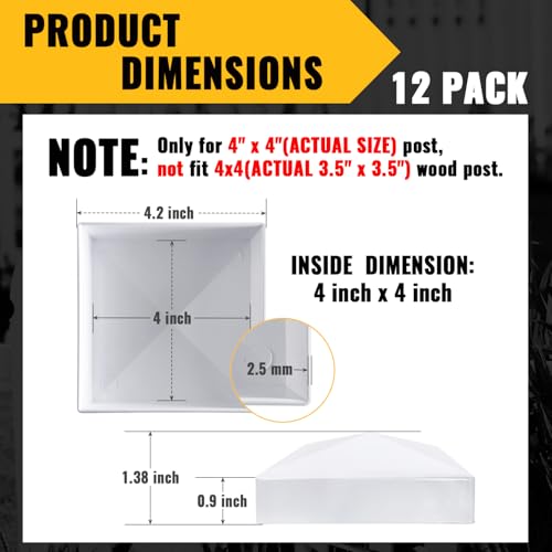 VIVIDA White Vinyl Post Caps 4" x 4", PVC Fence Post Caps, 12 Pack | Actual 4" x 4", Pyramid PVC Post Caps, Waterproof Deck Post Cover, For Vinyl Fence, Lamp, Deck, Mailbox - size: 4" x 4" (12 PCS)