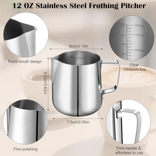 Honeydak 12 Pcs Milk Frothing Pitcher 304 Stainless Steel Steaming Pitchers for Coffee Bar Cappuccino Barista Tools Milk Jug Steamer Frother Cup (12 oz) - color: Silver, size: 12 oz