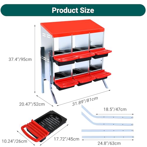 Chicken Nesting Box, 6 Hole 2 Layer Hen Nest Boxes with Legs, Roll Away Eggs Laying Boxes,Cleanable Pull Out Hen Roosting Boxes - size: Red- 6 compartment with legs