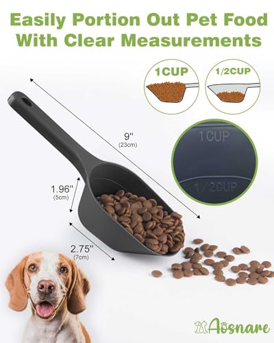 2 PACK Dog Food Scoop, 1 Cup Pet Food Scoop With Measuring Lines | Black and Blue, Clear Markings for Precise Measuring 1/2 and 1 Cup Line,Dishwasher Safe,Plastic,Portable and Sturdy - color: Black and Blue