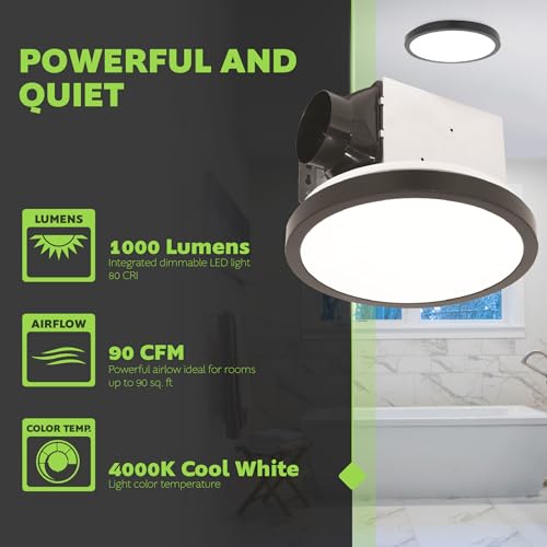 Homewerks 90 CFM Bathroom Exhaust Fan with LED, Matte Black Trim | 1.5 Sones, for Rooms Up to 90 sq ft, Magnetic Trim, Galvanized Steel Housing, EasyAnchor Install, Bathroom Fan with Light - color: 90 CFM Matte Black Round
