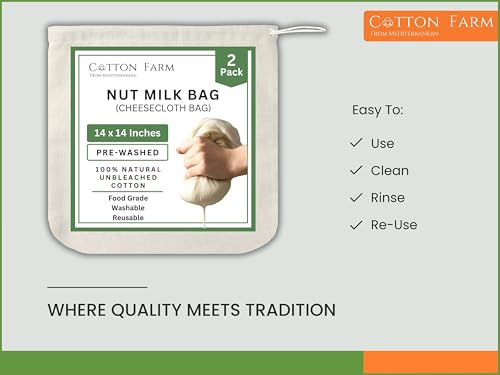 Cotton Farm Nut Milk Bag & Cheese Cloth Bag (Ultra Dense), XL 14 × 14 Inch, 100% Unbleached Cotton Cheesecloth for Precise Food Straining, Washable & Reusable - size: 14 x 14 inch / 2 pieces